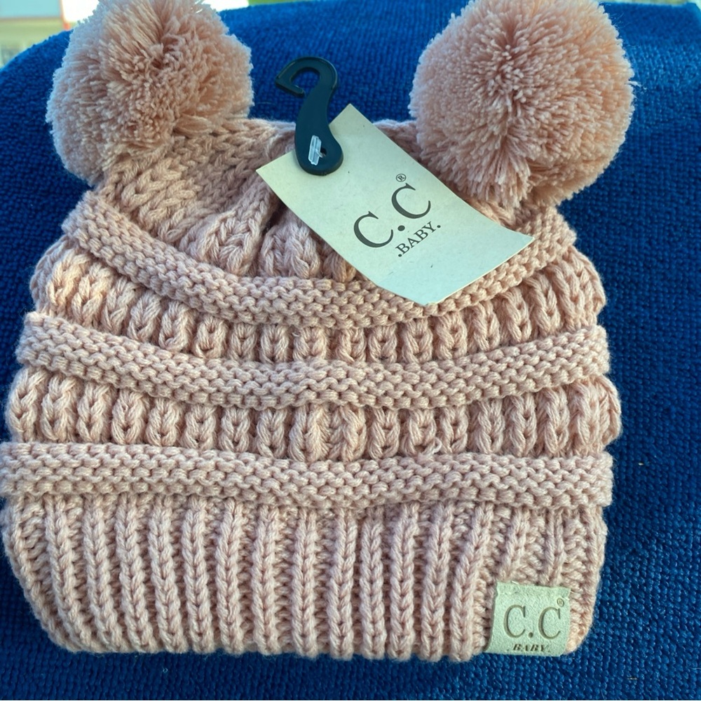 C.C Baby Knitted “Beanie Cap” Size O/S Pink Double PomPoms Logo Tag NWT